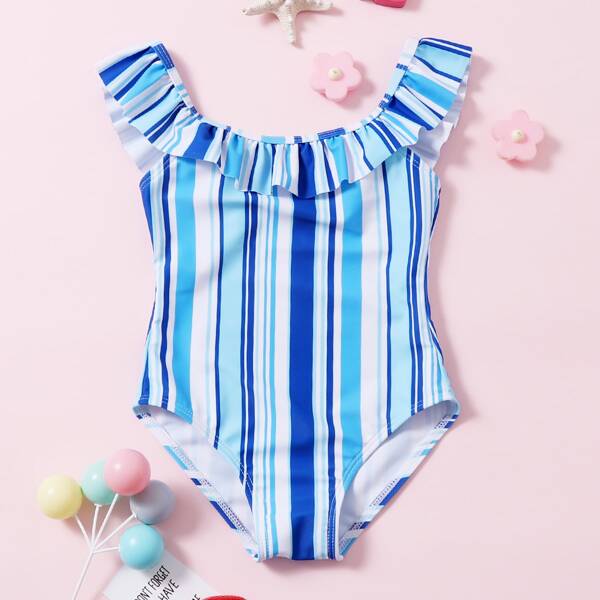 

Toddler Girls Striped Ruffle One Piece Swimsuit, Blue and white