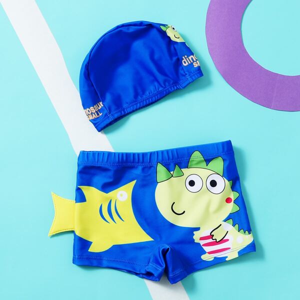

Toddler Boys Cartoon Graphic Swim Shorts With Swim Cap, Blue
