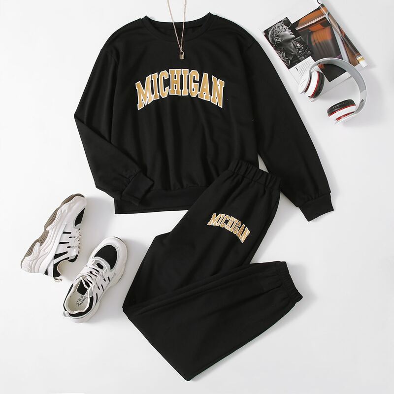 

Letter Graphic Sweatshirt & Pants, Black