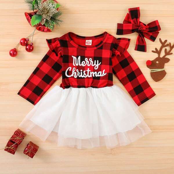 

Baby Girl Christmas And Gingham Print Mesh Panel Dress & Headband, Red and white