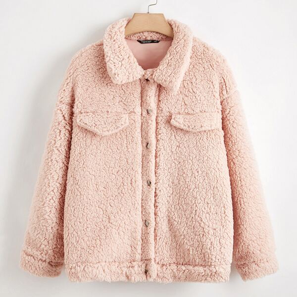 

Plus Drop Shoulder Button Front Teddy Jacket, Pastel baby pink