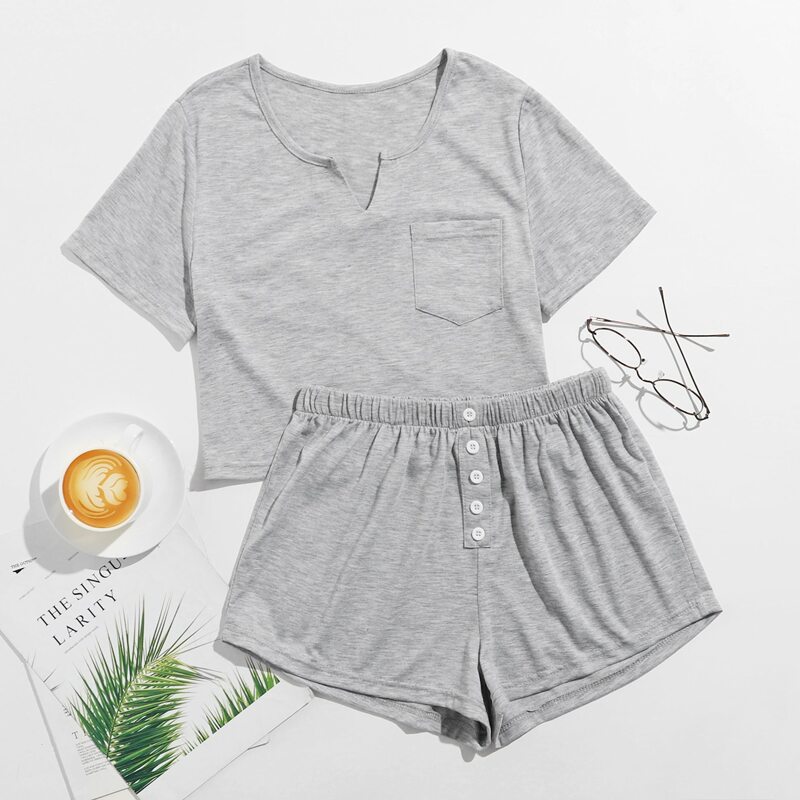 

Notched Neck Tee & Button Front Shorts PJ Set, Grey