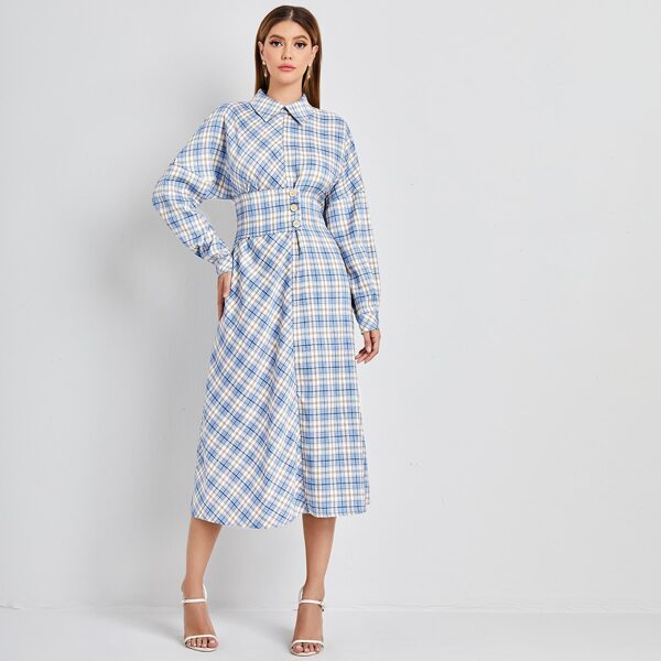 

Buttoned Waist Tartan Shirt Dress, Multicolor