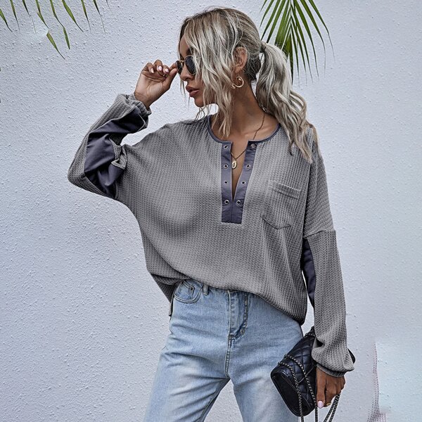 

Notched Waffle Knit Drop Shoulder Tee, Grey