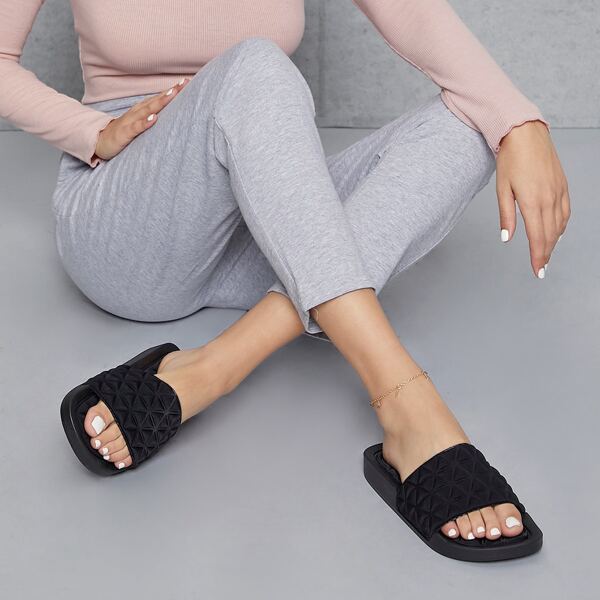 

Quilted Thick Strap Slipper Sandals, Black