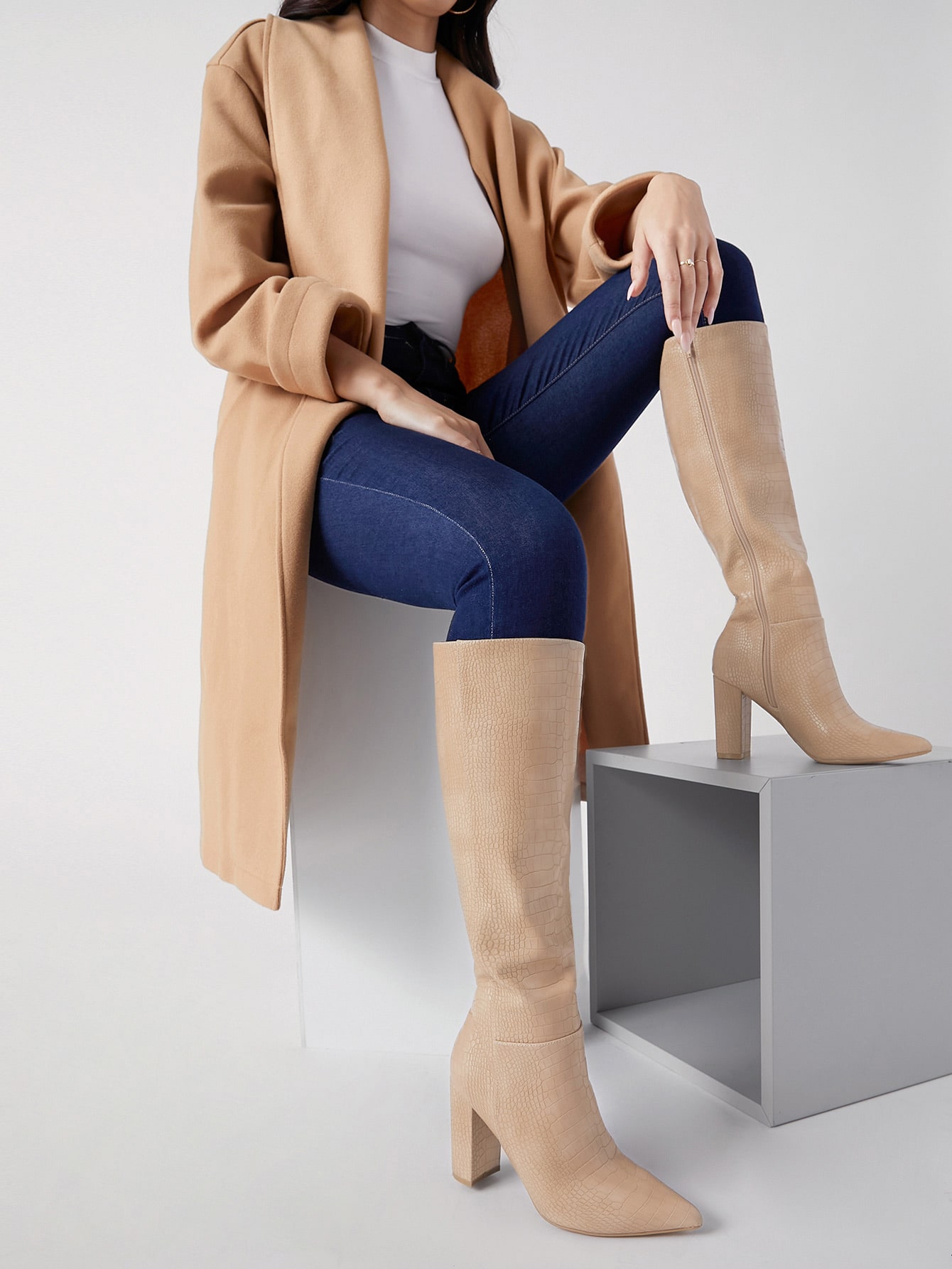 Faux Croc Leather Thigh High Heeled Boots thumbnail