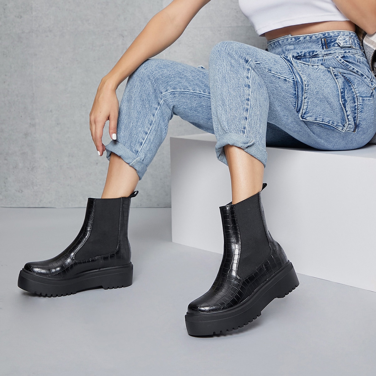 Image of Faux Croc Leather Low Block Heel Chelsea Boots
