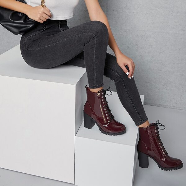

Faux Patent Leather Lace-Up High Heel Boots, Burgundy