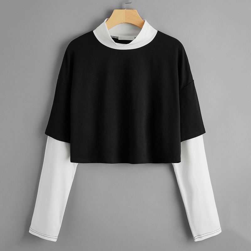 

Stand Collar 2 In 1 Tee, Black and white