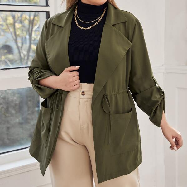 

Plus Roll Tab Sleeve Patch Pocket Coat, Army green