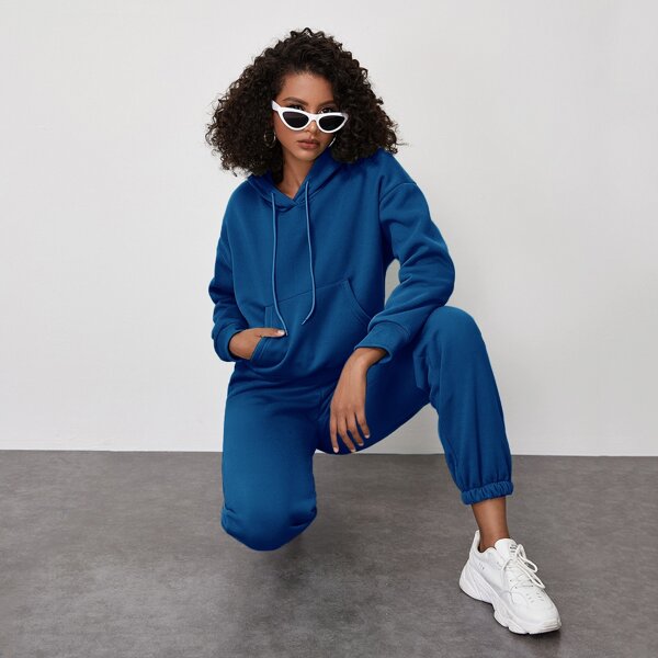 

Drop Shoulder Kangaroo Pocket Pullover & Sweatpants Set, Blue