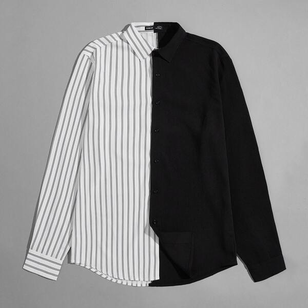 

Men Single Breasted Striped Spliced Shirt, Black and white