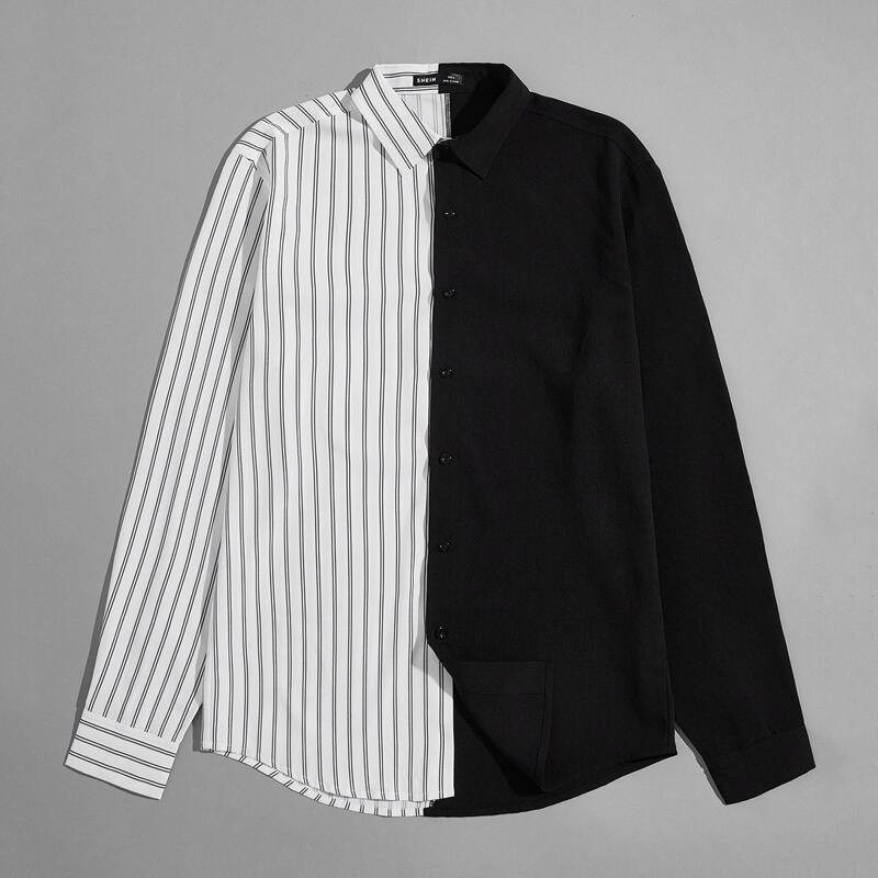 

Guys Single Breasted Striped Spliced Shirt, Black and white