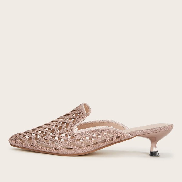 

Rhinestone Decor Hollow Out Mid Heeled Mules, Pink