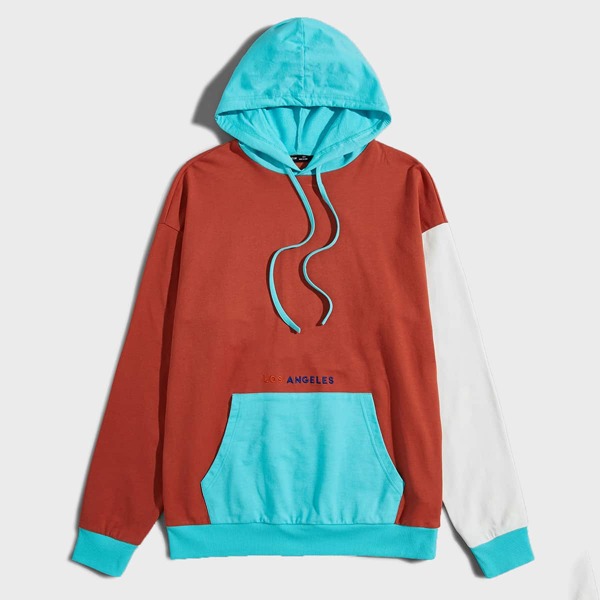 

Men Letter Embroidered Colorblock Hoodie, Burnt orange