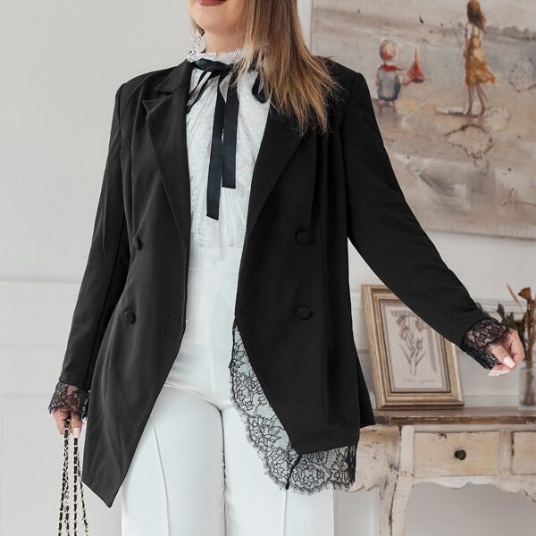 

Plus Peak Collar Double Breasted Eyelash Lace Trim Blazer, Black