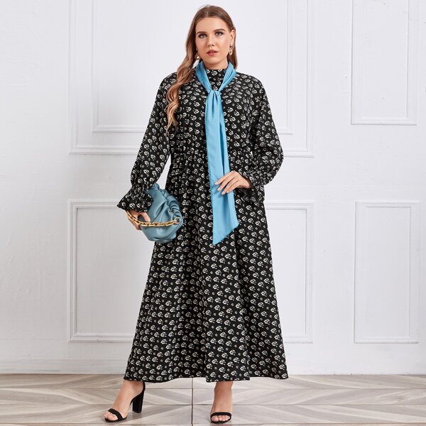 

Plus Flounce Sleeve Floral Print Dress With Tie, Black