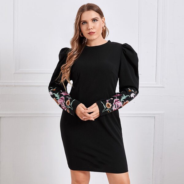 

Plus Floral Embroidered Puff Sleeve Dress, Black