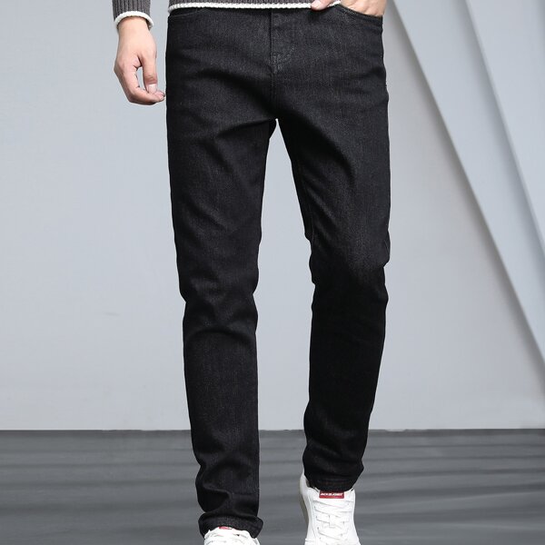 

Men Patched Fleece Lined Straight Leg Jeans, Black