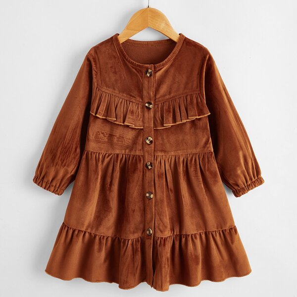 

Toddler Girls Velvet Ruffle Button Front Babydoll Dress, Rust brown