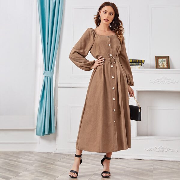 

Lantern Sleeve Button Front O-ring Belted Dress, Khaki