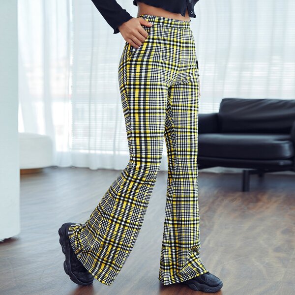 

Slant Pocket Plaid Flare Leg Pants, Multicolor