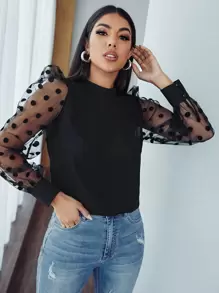 SHEIN Privé Polka Dot Mesh Bishop Sleeve Top - Black - View 1