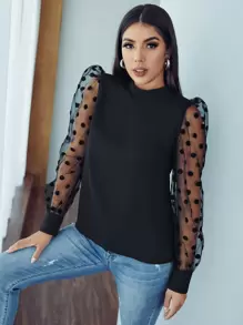 SHEIN Privé Polka Dot Mesh Bishop Sleeve Top - Black - View 3