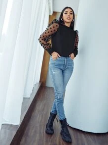 SHEIN Privé Polka Dot Mesh Bishop Sleeve Top - Black - View 4