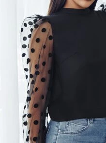 SHEIN Privé Polka Dot Mesh Bishop Sleeve Top - Black - View 5