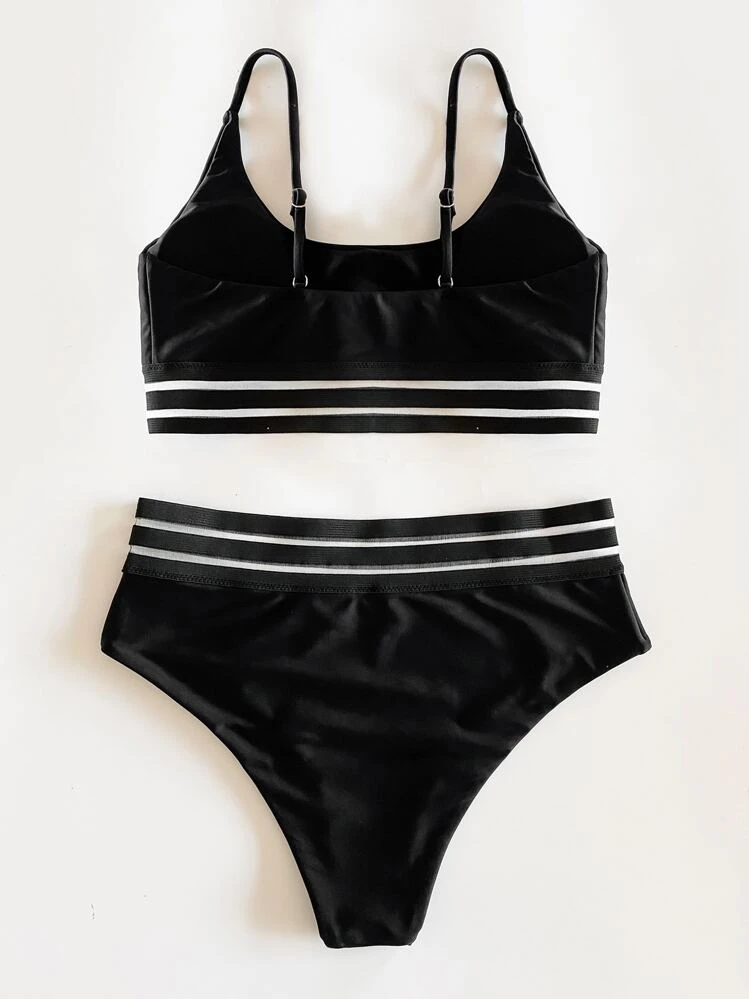 SHEIN Swim Summer Beach Contrast Mesh High Waisted Bikini Set - Black - View 2