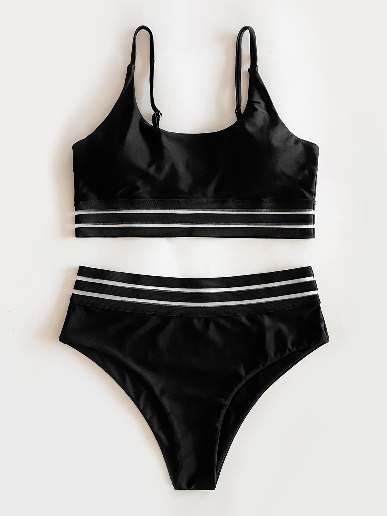 SHEIN Swim Summer Beach Contrast Mesh High Waisted Bikini Set - Black - View 3
