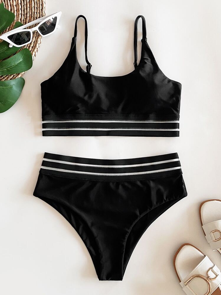 SHEIN Swim Summer Beach Contrast Mesh High Waisted Bikini Set - Black - View 4
