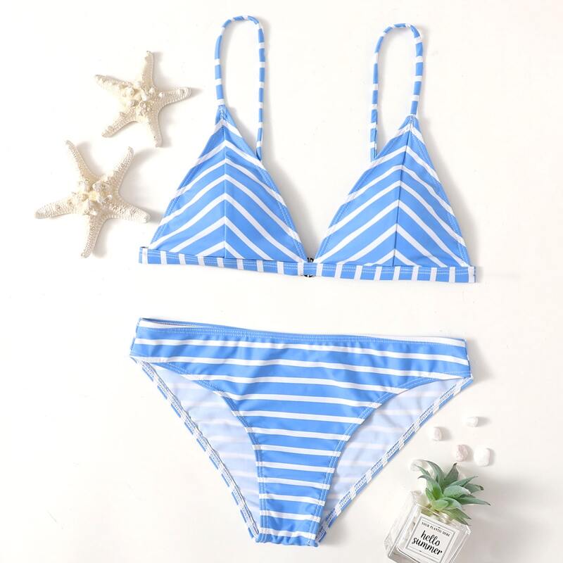 

Striped Triangle Bikini Swimsuit, Blue and white