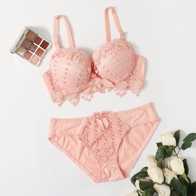 

Solid Lace Bow Lingerie Set, Pastel baby pink