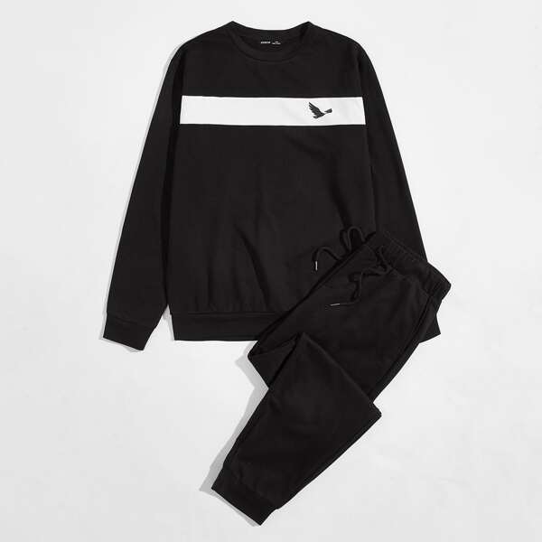 

Men Bird Print Colorblock Pullover & Sweatpants Set, Black