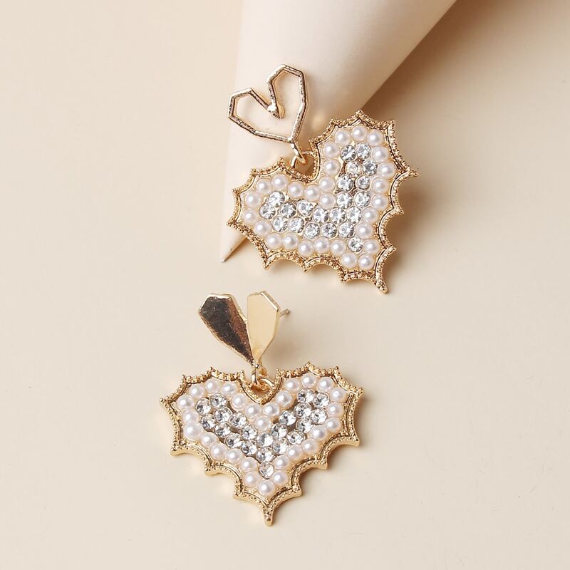 

Rhinestone & Faux Pearl Heart Drop Earrings, Gold