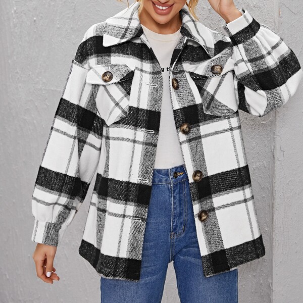 

Drop Shoulder Flap Pocket Plaid Overcoat, Black and white