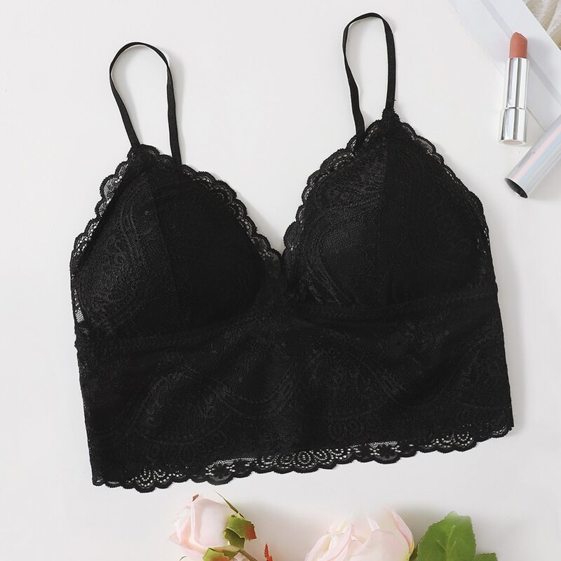 

Solid Lace Longline Bralette, Black