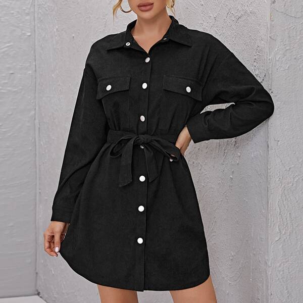 

Button Front Belted Cord Shirt Dress, Black
