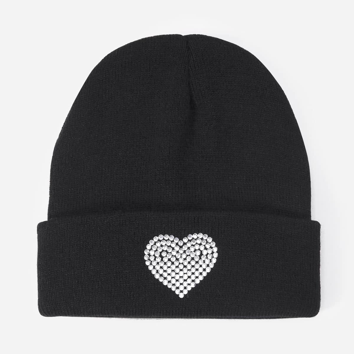 

Rhinestone Heart Knit Beanie, Black