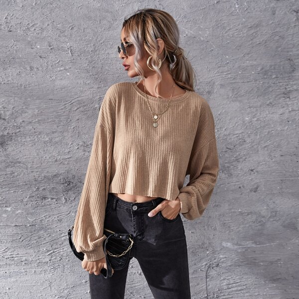 

Drop Shoulder Rib-knit Crop Tee, Khaki