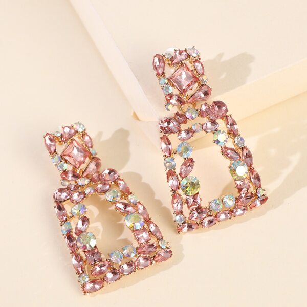

Rhinestone Decor Geometric Drop Earrings, Pink