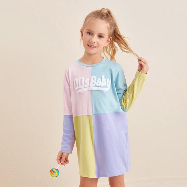 

Girls Letter Pattern Color Block Tee Dress, Multicolor