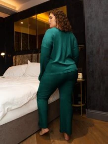 Plus Drop Shoulder Button Front Pajama Set
