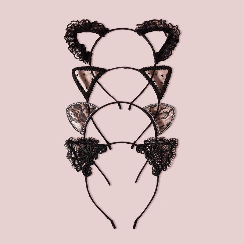 

4pcs Lace Cat Ear Hair Hoop, Black