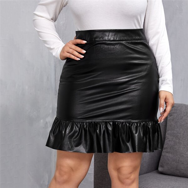 

Plus Flounce Hem PU Leather Skirt, Black