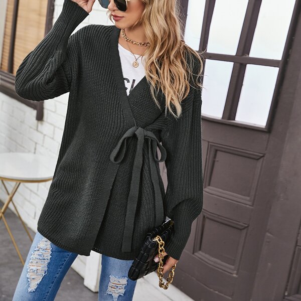 

Drop Shoulder Surplice Neck Knot Cardigan, Dark grey