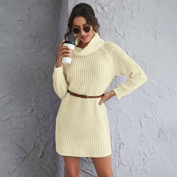 

Funnel Neck Raglan Sleeve Split Hem Sweater Dress Without Belt, Apricot