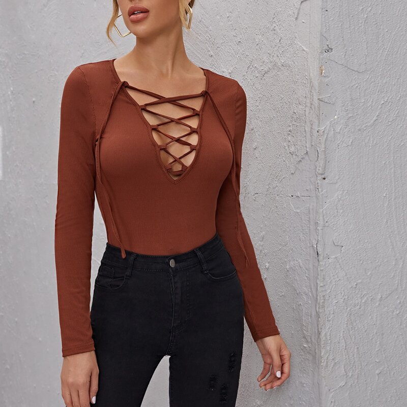 

Crisscross Cut-out Rib-knit Tee, Rust brown